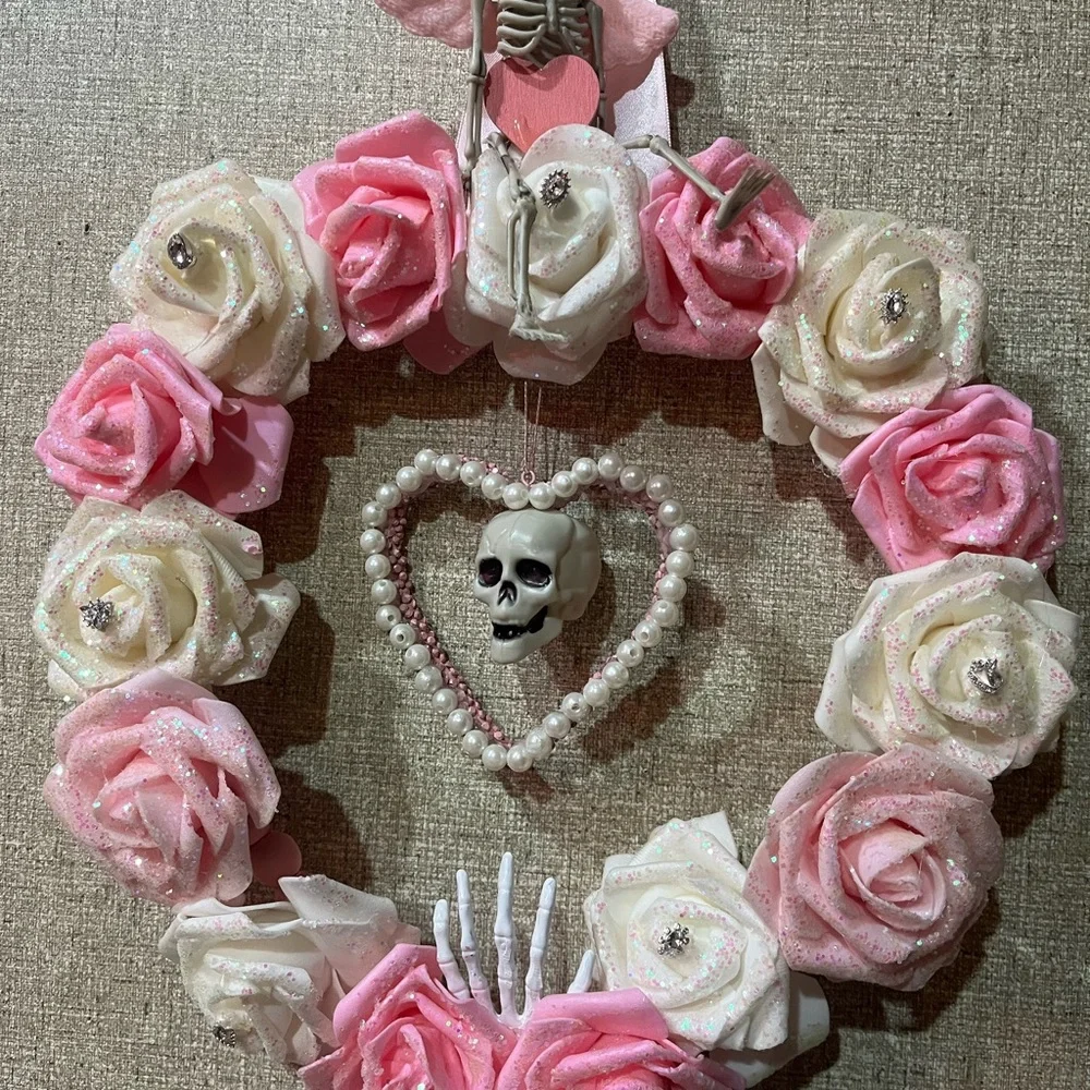 Pink and White Rose Skull Wreath